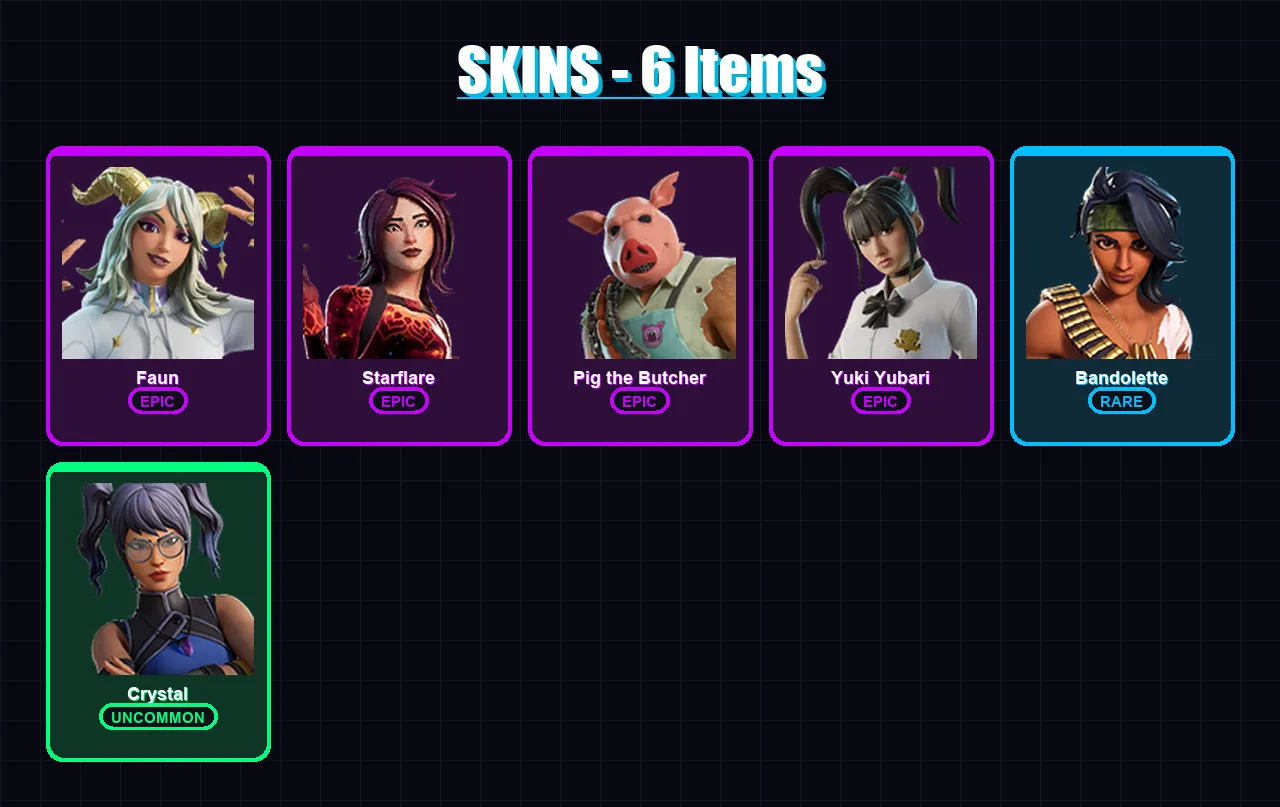 [PC/XBOX/PSN] | Faun | Starflare | Pig the Butcher | Yuki Yubari | Bandolette | 6 skin | 30 pickaxe | 19 emote | 19 glider | Lv397