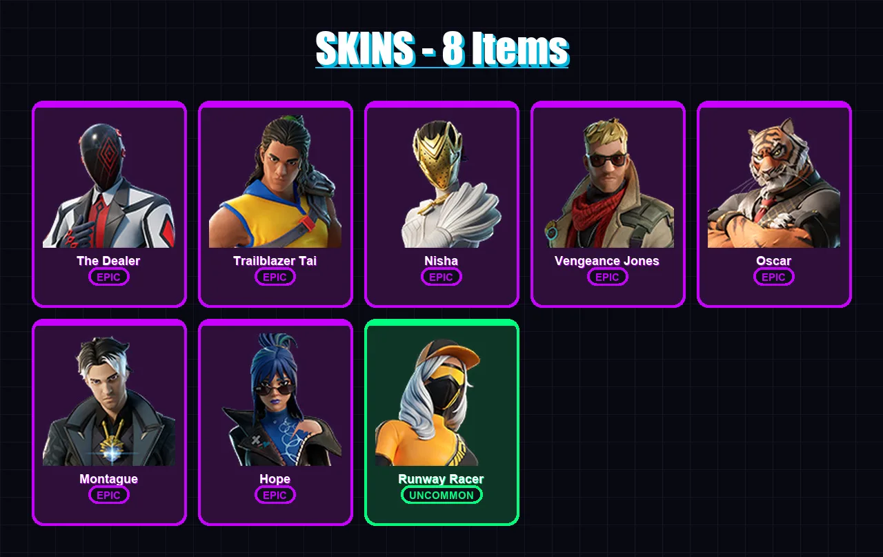 [SWITCH/XBOX/PSN/PC] | The Dealer | Trailblazer Tai | Nisha | Vengeance Jones | Oscar | 8 skin | 9 pickaxe | 7 emote | 4 glider | Lv101