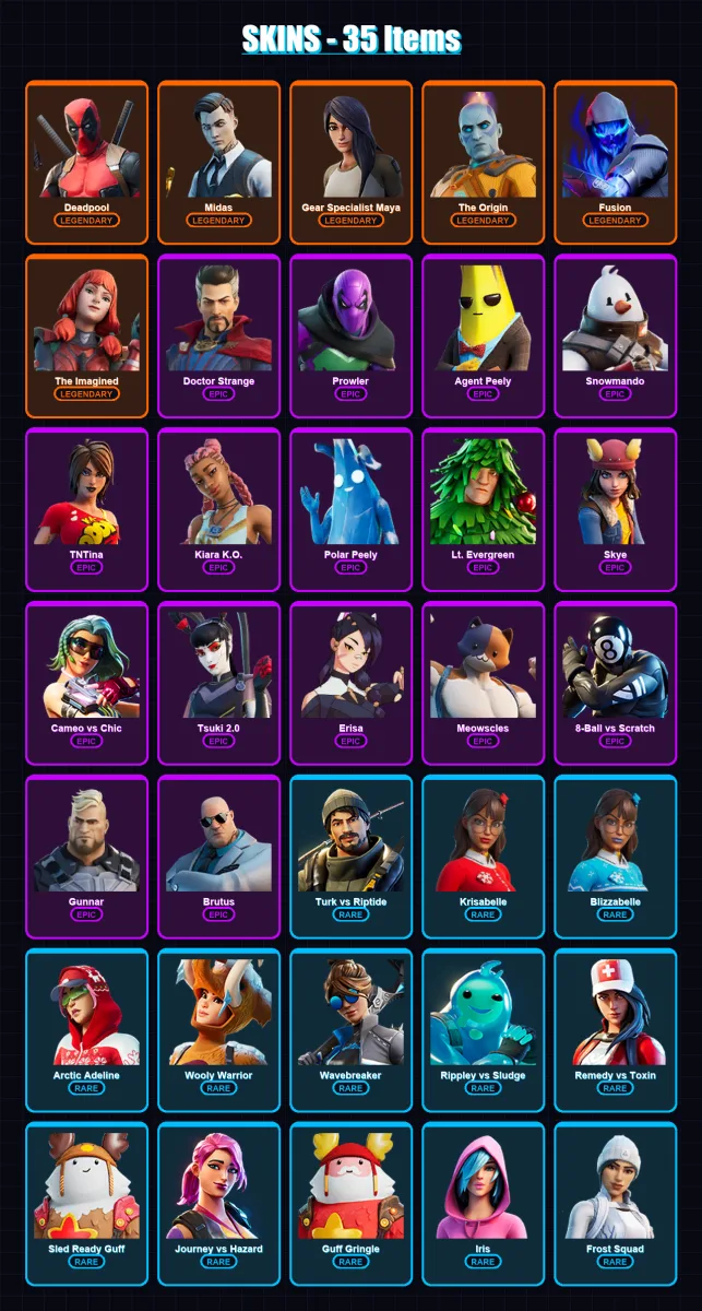 [PC/PSN] | Deadpool | Midas | Gear Specialist Maya | The Origin | Fusion | 35 skin | 56 pickaxe | 53 emote | 53 glider | Lv854