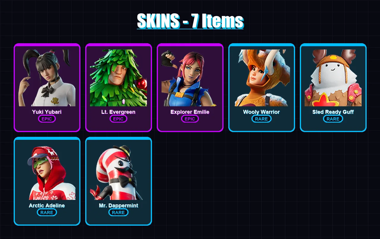 [PC/PSN] | Yuki Yubari | Lt. Evergreen | Explorer Emilie | Wooly Warrior | Sled Ready Guff | 7 skin | 10 pickaxe | 7 emote | 7 glider | Lv60