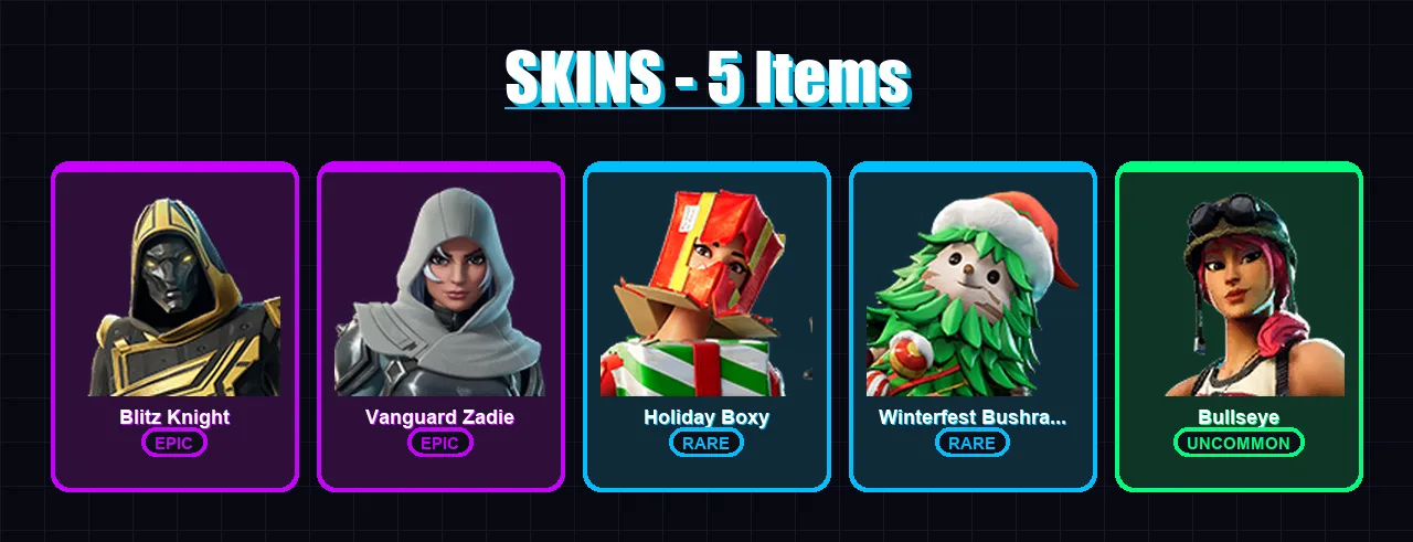 [PC/XBOX/PSN] | Blitz Knight | Vanguard Zadie | Holiday Boxy | Winterfest Bushranger | Bullseye | 5 skin | 26 pickaxe | 13 emote | 16 glider | Lv199