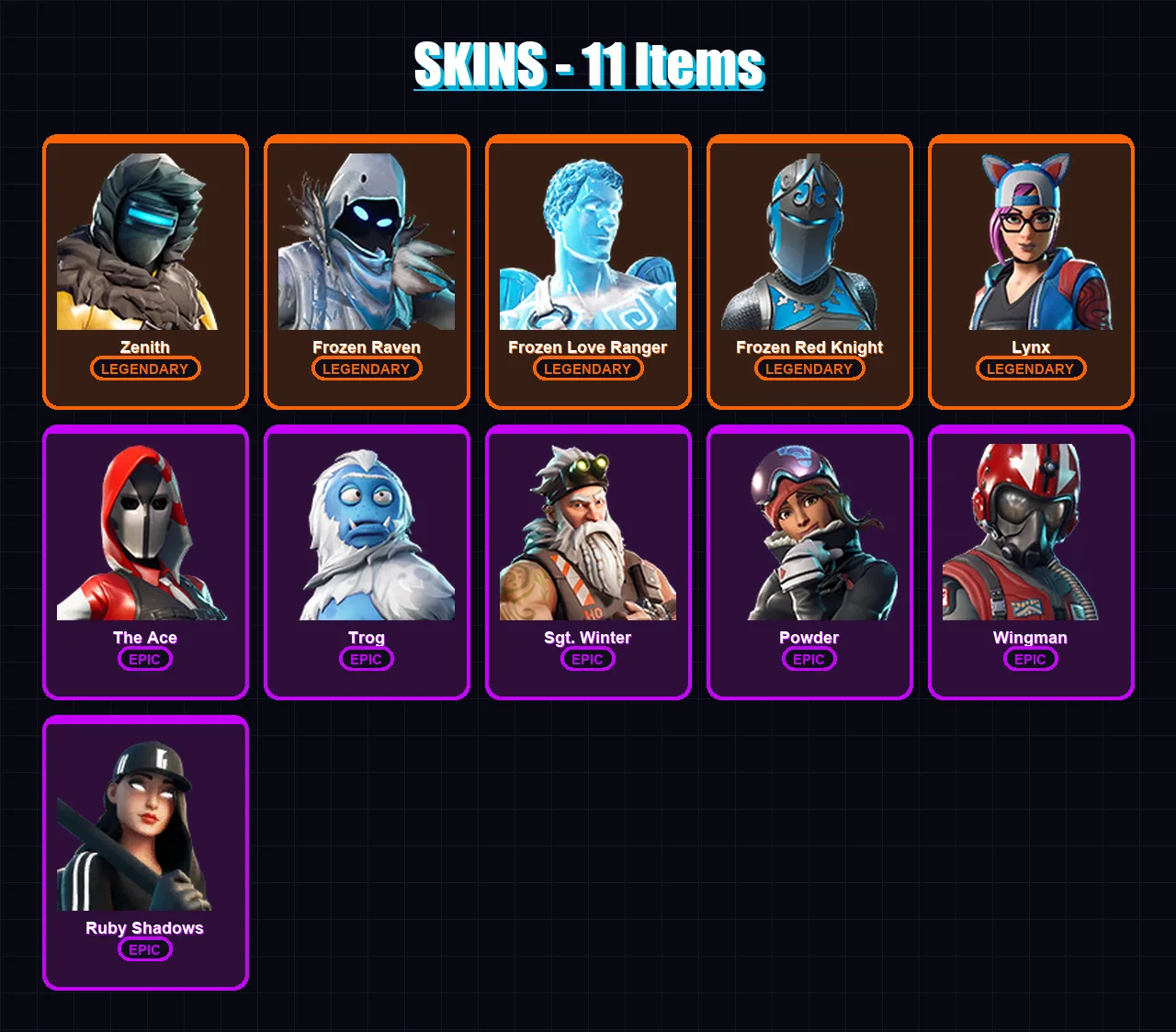 [PC/XBOX/PSN] | Zenith | Frozen Raven | Frozen Love Ranger | Frozen Red Knight | Lynx | 11 skin | 10 pickaxe | 19 emote | 16 glider | Lv219