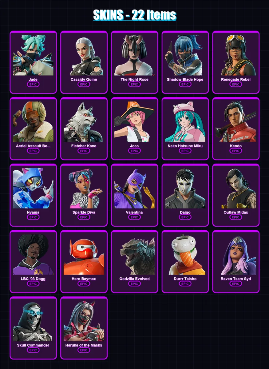 [PC/PSN] | Jade | Cassidy Quinn | The Night Rose | Shadow Blade Hope | Renegade Rebel | 22 skin | 26 pickaxe | 23 emote | 24 glider | Lv184