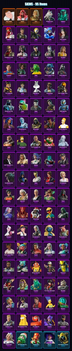[PS4/PS5/PC] | Peter Griffin | Valeria | Zeus | Fletcher Kane | Cerberus | 95 skin | 143 pickaxe | 99 emote | 106 glider | Lv1499