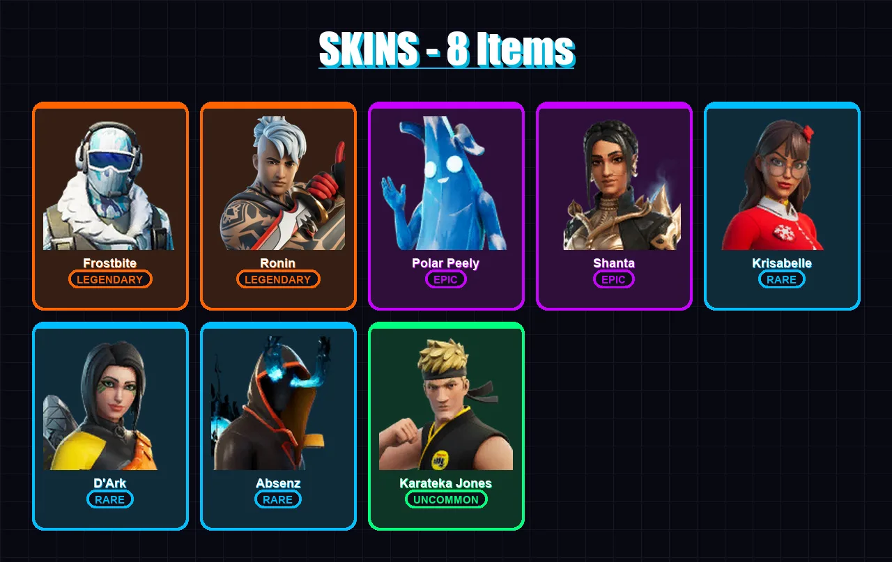 [PS4/PS5/XBOX/PC] | Frostbite | Ronin | Polar Peely | Shanta | Krisabelle | 8 skin | 11 pickaxe | 12 emote | 10 glider | Lv81