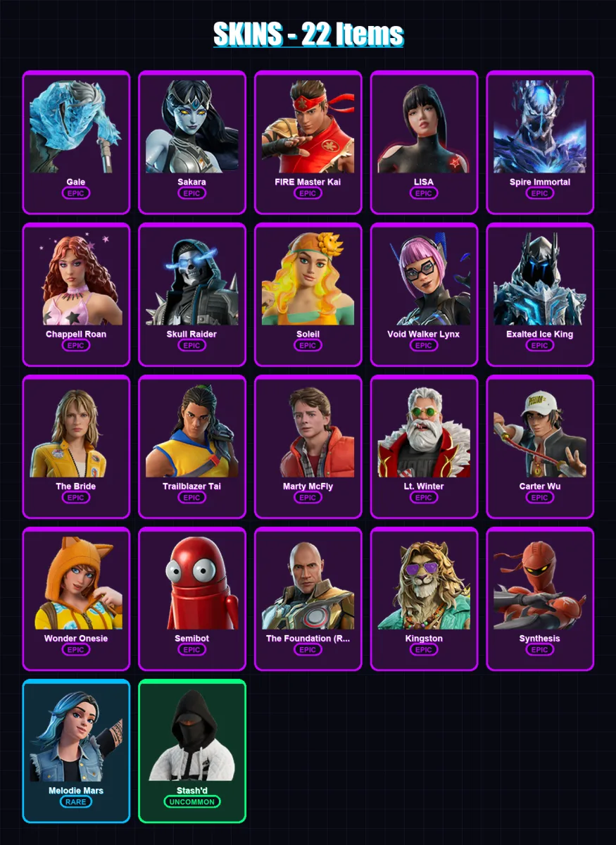[PC/XBOX/PSN] | Gale | Sakara | FIRE Master Kai | LISA | Spire Immortal | 22 skin | 21 pickaxe | 12 emote | 12 glider | Lv90