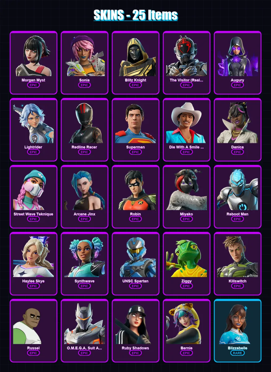 [PC/XBOX/PSN] | Morgan Myst | Sonia | Blitz Knight | The Visitor (Reality Unknown) | Augury | 25 skin | 34 pickaxe | 20 emote | 21 glider | Lv204