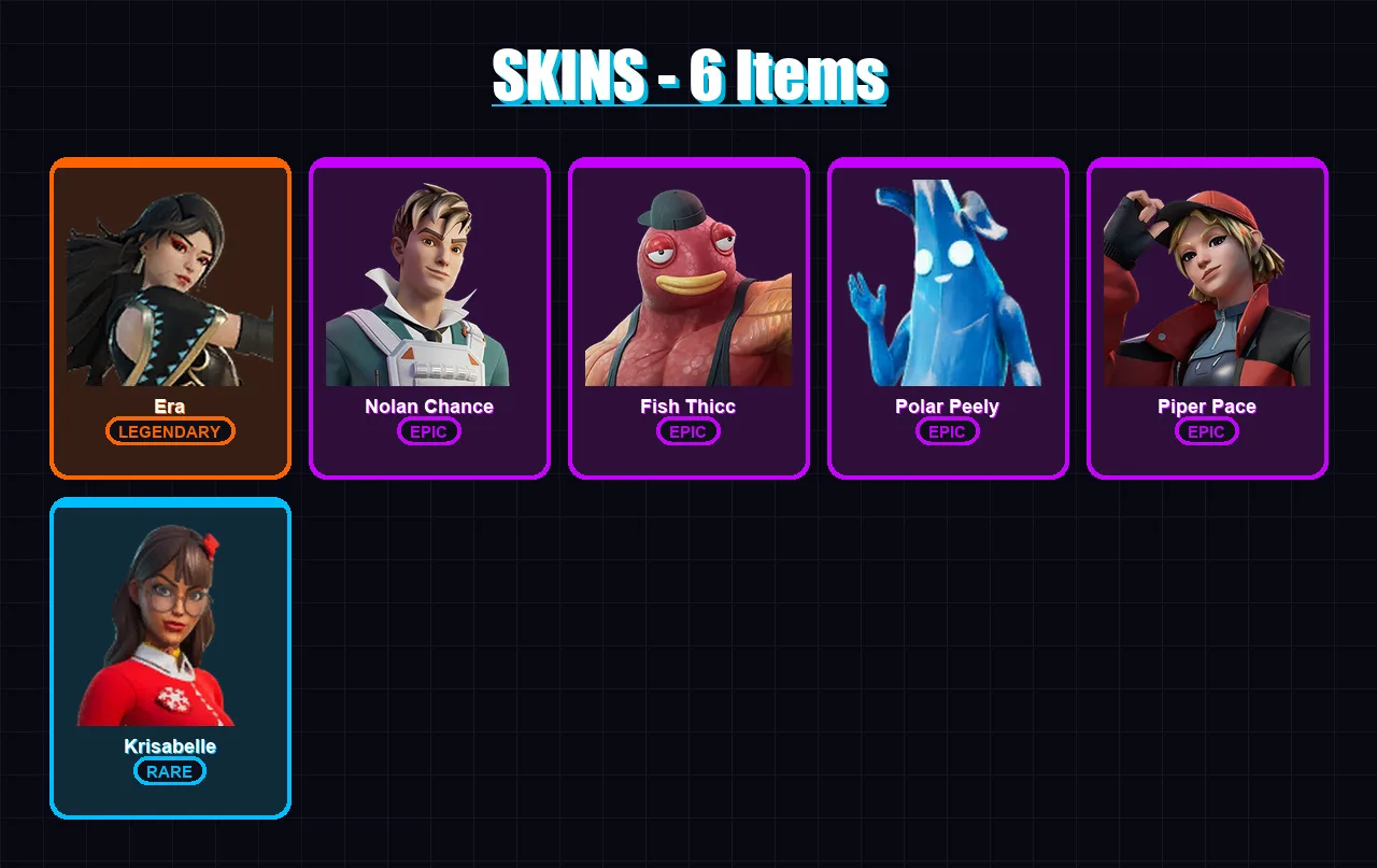 [PC/XBOX/PSN] | Era | Nolan Chance | Fish Thicc | Polar Peely | Piper Pace | 6 skin | 24 pickaxe | 19 emote | 21 glider | Lv374