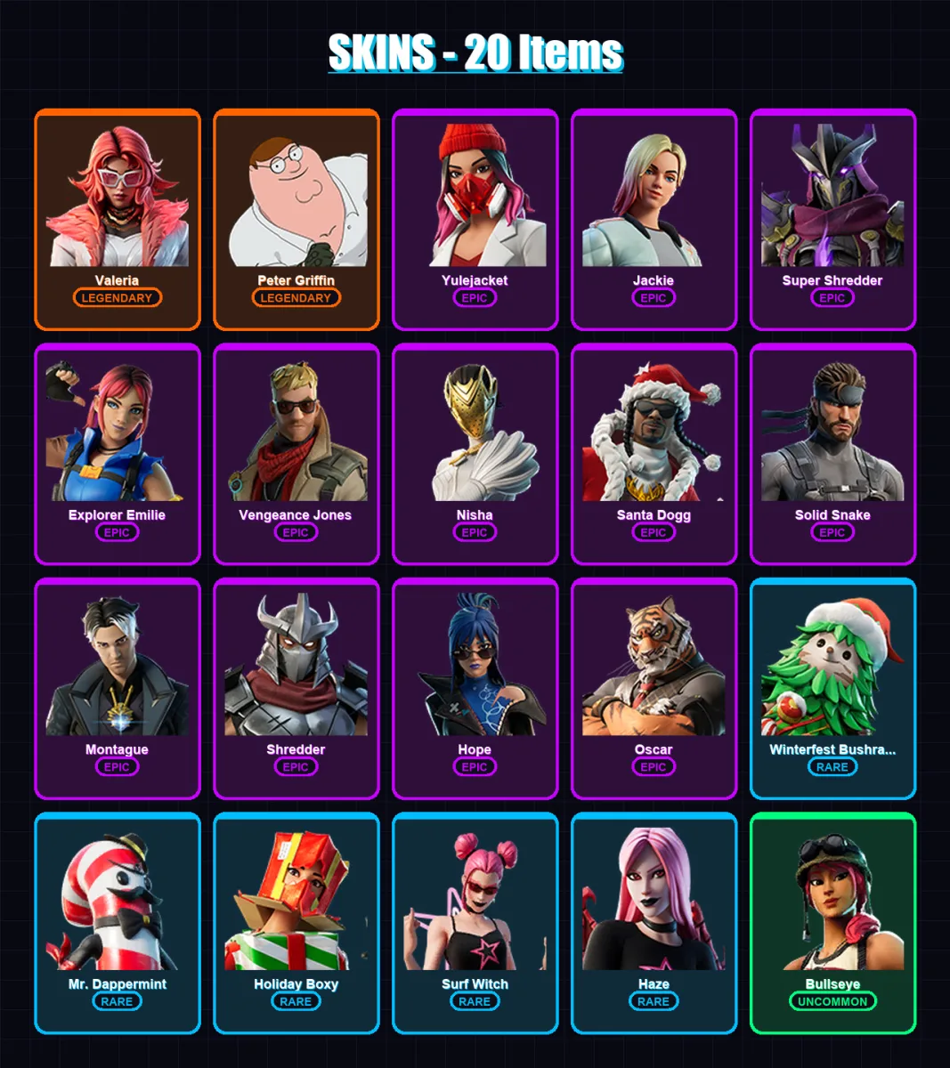 [PC/XBOX/PSN] | Valeria | Peter Griffin | Yulejacket | Jackie | Super Shredder | 20 skin | 19 pickaxe | 24 emote | 17 glider | Lv224 — Fortnite account