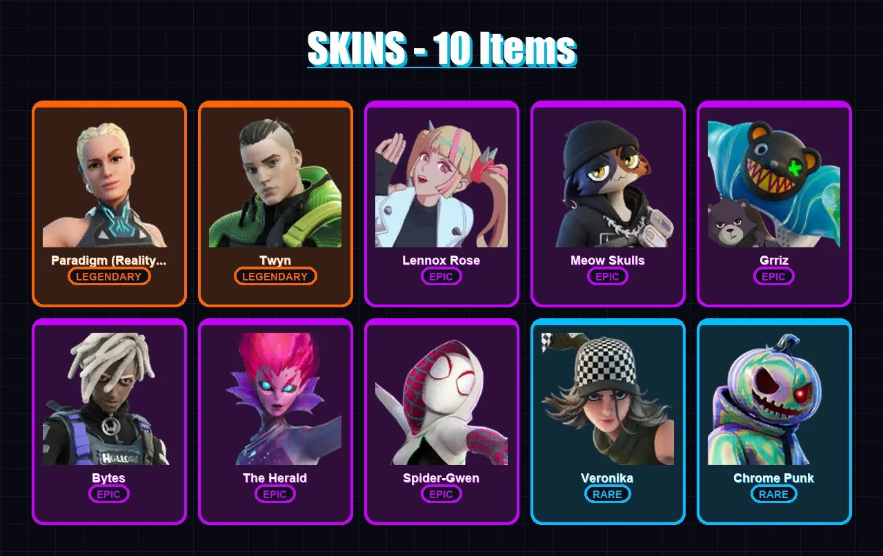 [PC] | Paradigm (Reality-659) | Twyn | Lennox Rose | Meow Skulls | Grriz | 10 skin | 18 pickaxe | 15 emote | 17 glider | Lv154