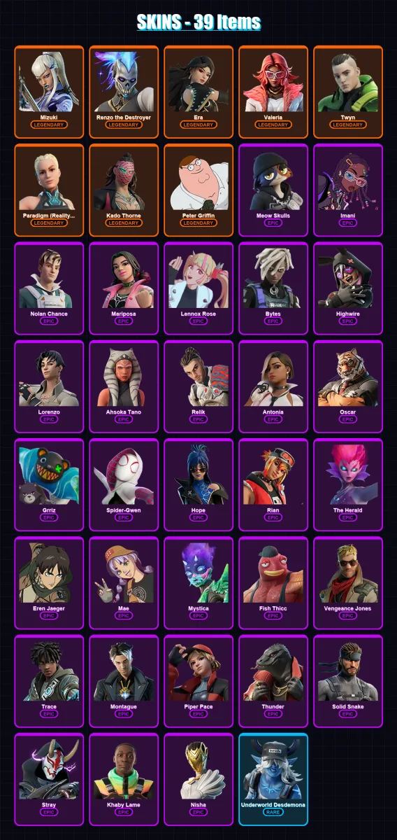 [PC/PSN] | Mizuki | Renzo the Destroyer | Era | Valeria | Twyn | 39 skin | 60 pickaxe | 49 emote | 56 glider | Lv1127