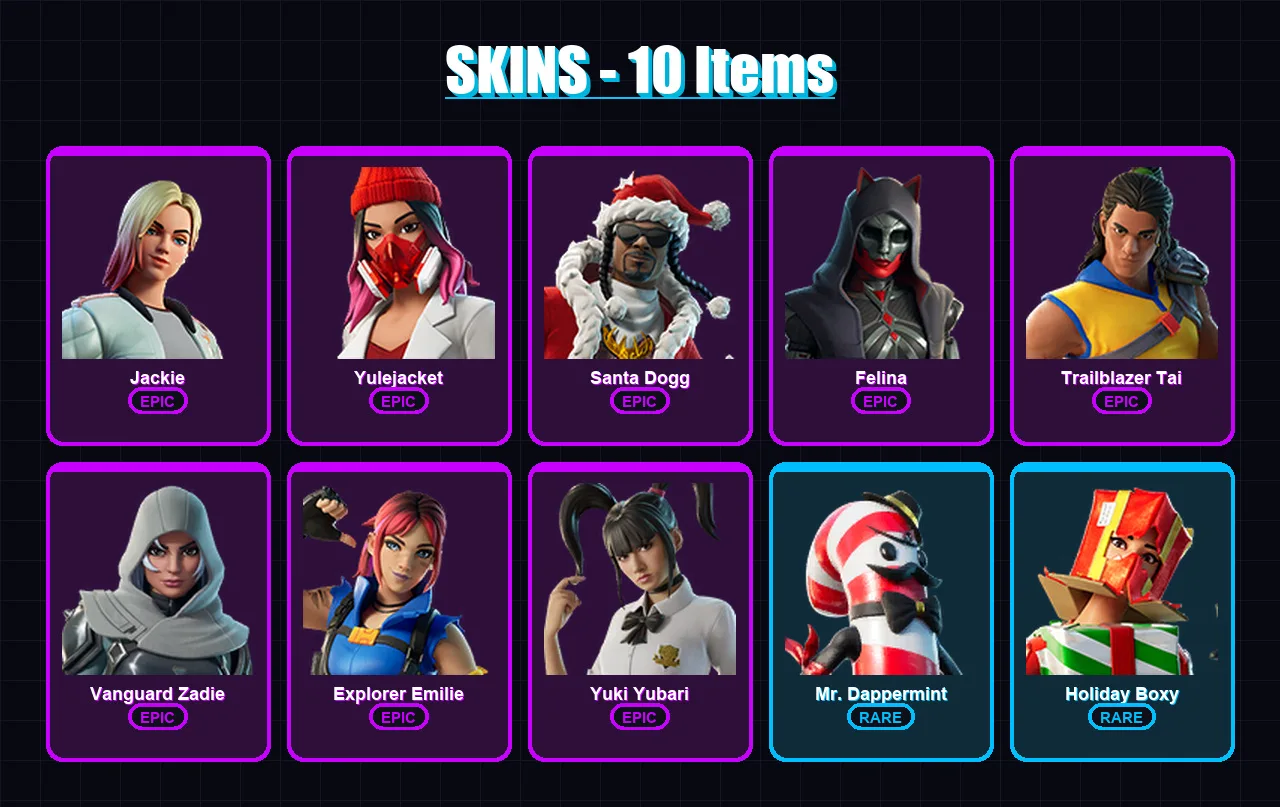 [PC/XBOX/PSN] | Jackie | Yulejacket | Santa Dogg | Felina | Trailblazer Tai | 10 skin | 58 pickaxe | 26 emote | 41 glider | Lv636