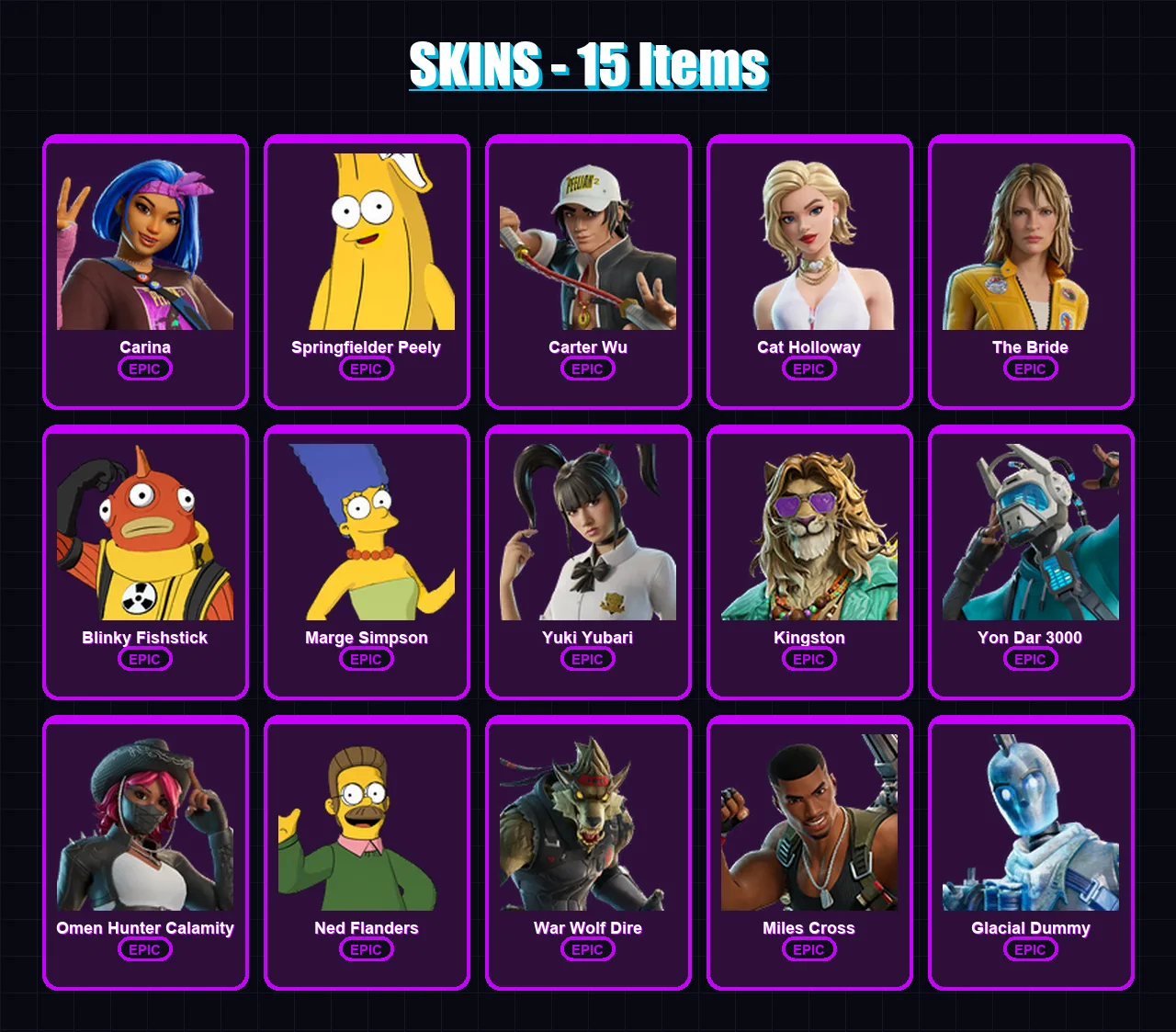[PC/XBOX/PSN] | Carina | Springfielder Peely | Carter Wu | Cat Holloway | The Bride | 15 skin | 32 pickaxe | 19 emote | 23 glider | Lv172