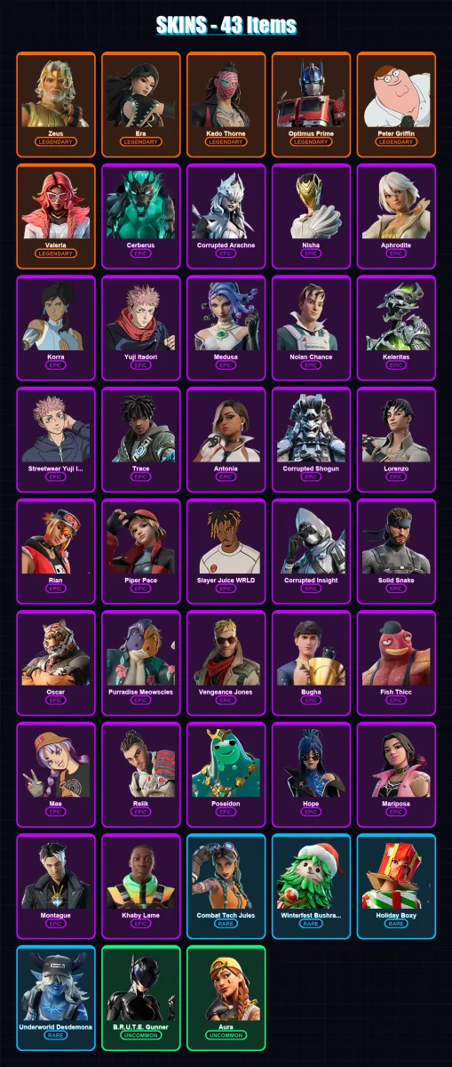 [PC/XBOX] | Zeus | Era | Kado Thorne | Optimus Prime | Peter Griffin | 43 skin | 54 pickaxe | 47 emote | 43 glider | Lv780