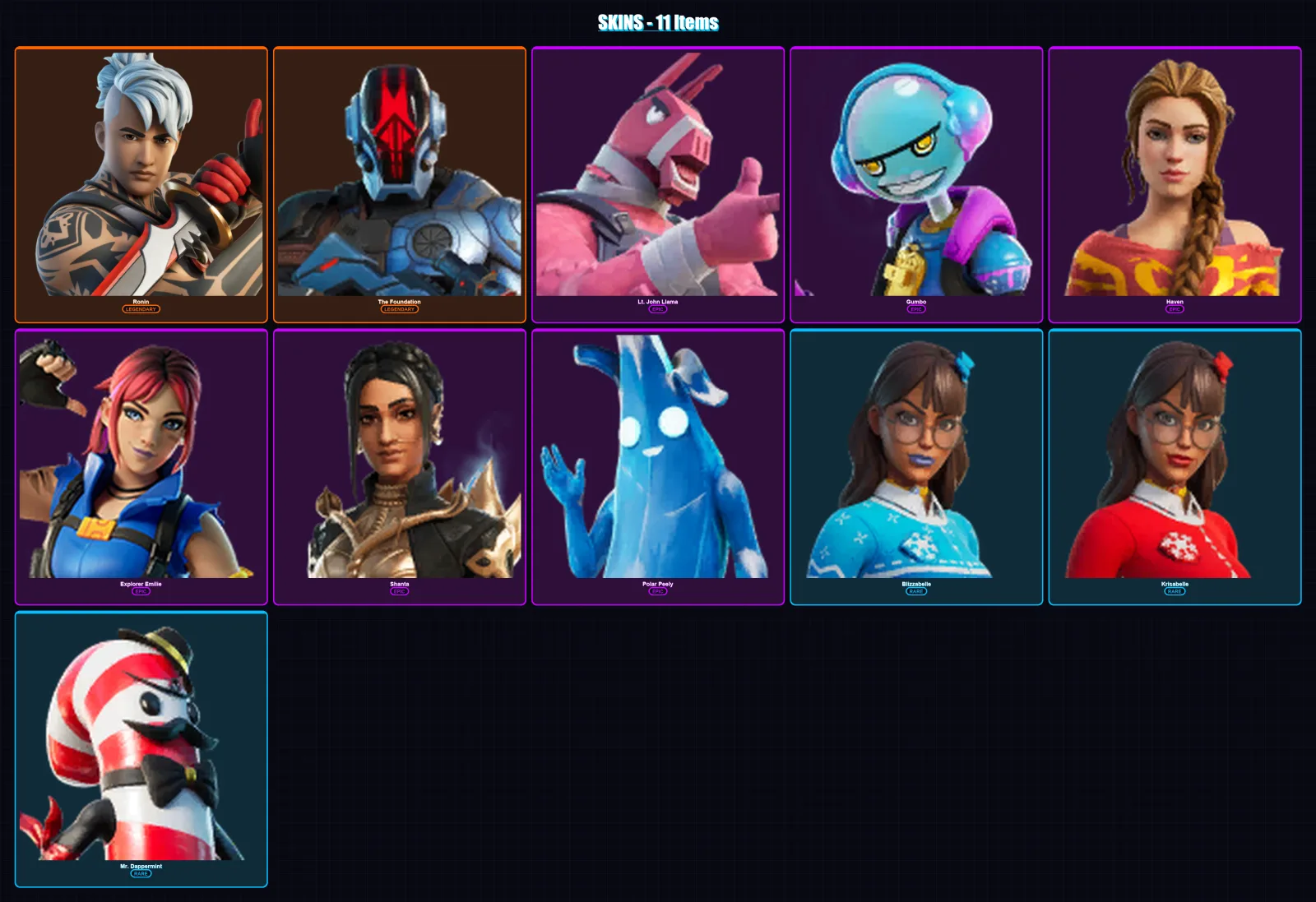 [PC/XBOX/PSN] | Ronin | The Foundation | Lt. John Llama | Gumbo | Haven | 11 skin | 19 pickaxe | 21 emote | 16 glider | Lv213