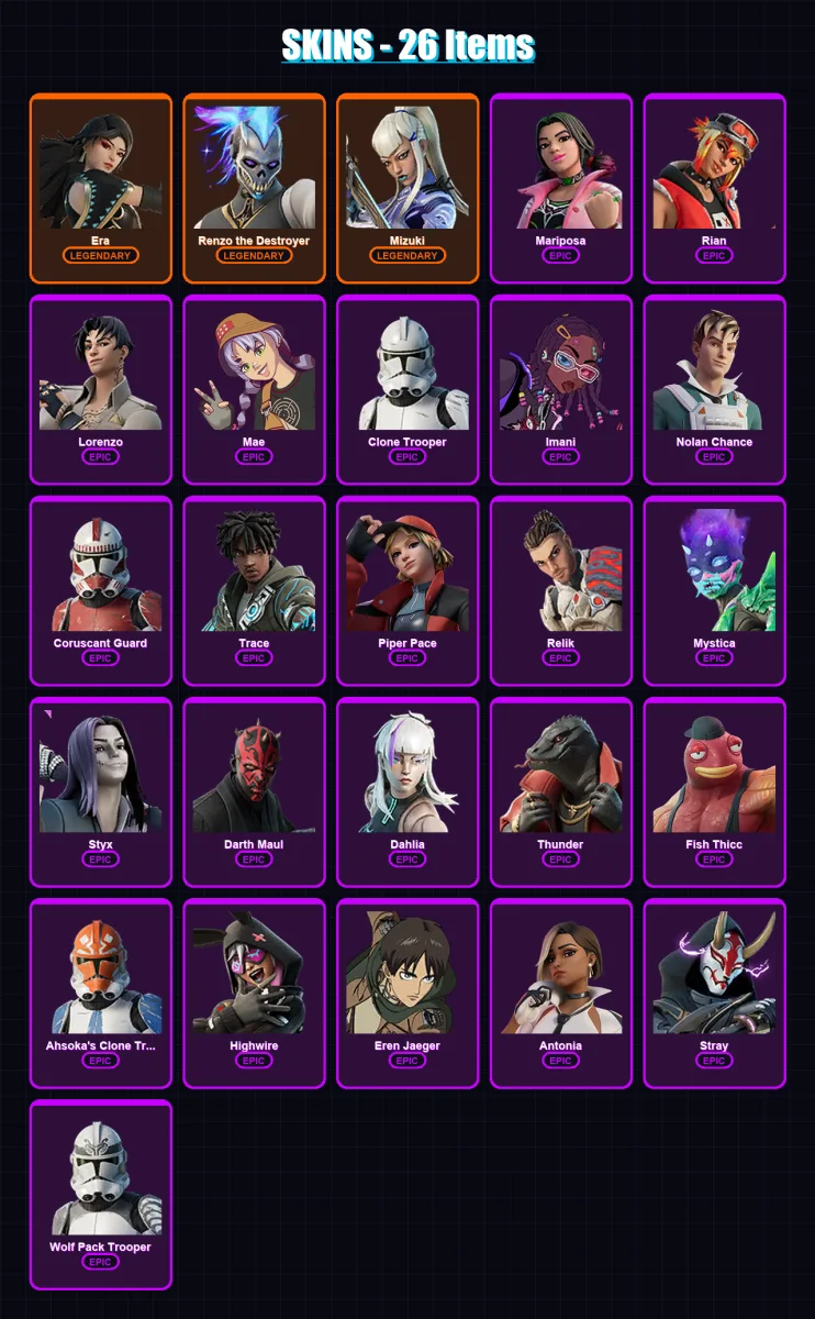 [PC/XBOX/PSN] | Era | Renzo the Destroyer | Mizuki | Mariposa | Rian | 26 skin | 25 pickaxe | 24 emote | 26 glider | Lv292 — Fortnite account