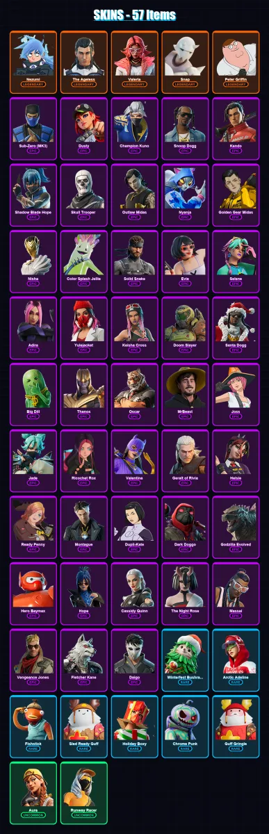 [PC/XBOX/PSN] | Nezumi | The Ageless | Valeria | Snap | Peter Griffin | 57 skin | 73 pickaxe | 78 emote | 60 glider | Lv958