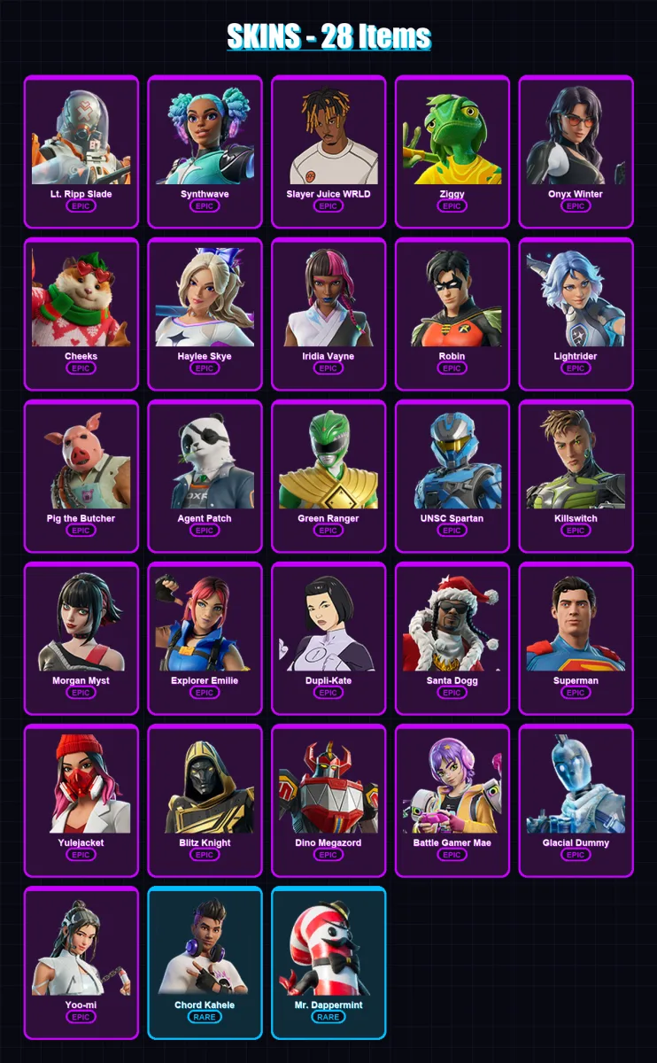 [PC/XBOX/PSN] | Lt. Ripp Slade | Synthwave | Slayer Juice WRLD | Ziggy | Onyx Winter | 28 skin | 72 pickaxe | 33 emote | 45 glider | Lv651