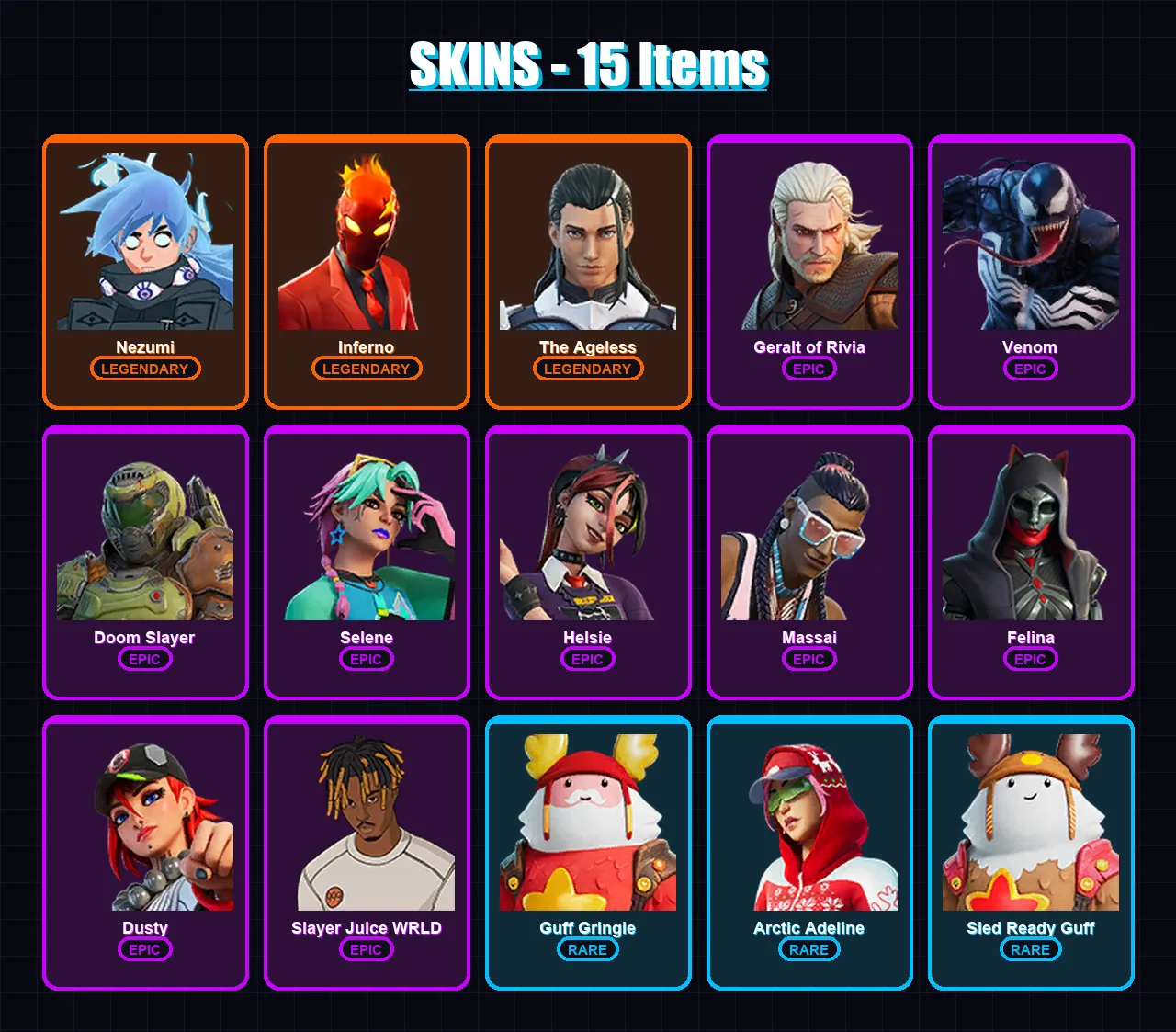 [PC/XBOX/PSN] | Nezumi | Inferno | The Ageless | Geralt of Rivia | Venom | 15 skin | 28 pickaxe | 18 emote | 24 glider | Lv278