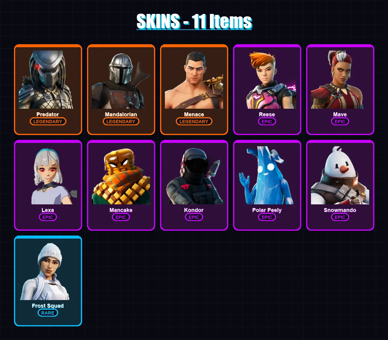 [SWITCH/XBOX/PSN/PC] | Predator | Mandalorian | Menace | Reese | Mave | 11 skin | 16 pickaxe | 14 emote | 12 glider | Lv136