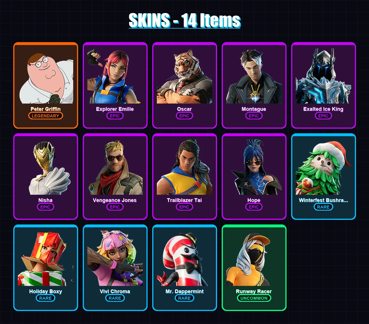 [SWITCH/XBOX/PC] | Peter Griffin | Explorer Emilie | Oscar | Montague | Exalted Ice King | 14 skin | 16 pickaxe | 7 emote | 12 glider | Lv138