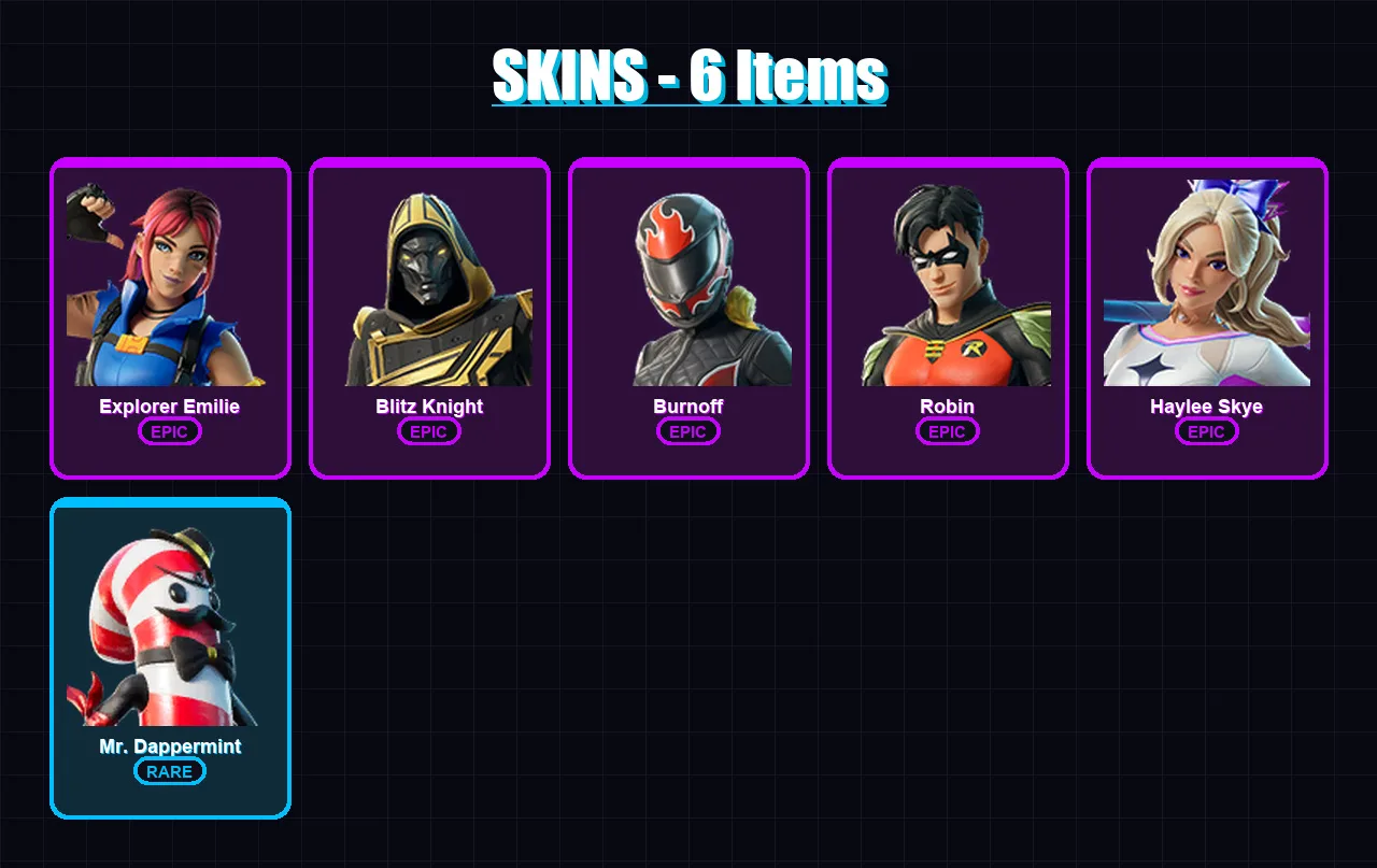[PC/XBOX] | Explorer Emilie | Blitz Knight | Burnoff | Robin | Haylee Skye | 6 skin | 9 pickaxe | 6 emote | 5 glider | Lv36