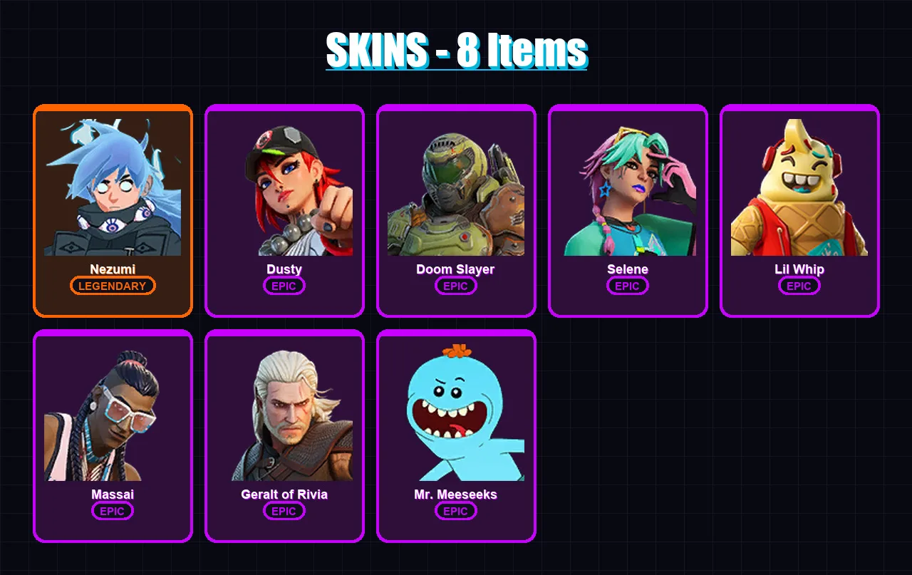 [PC/XBOX/PSN] | Nezumi | Dusty | Doom Slayer | Selene | Lil Whip | 8 skin | 18 pickaxe | 15 emote | 20 glider | Lv152