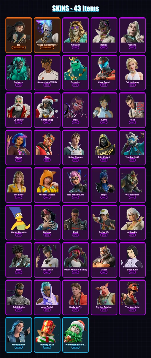 [PC/PSN] | Era | Renzo the Destroyer | Kingston | Danica | Carletta | 43 skin | 84 pickaxe | 45 emote | 52 glider | Lv496