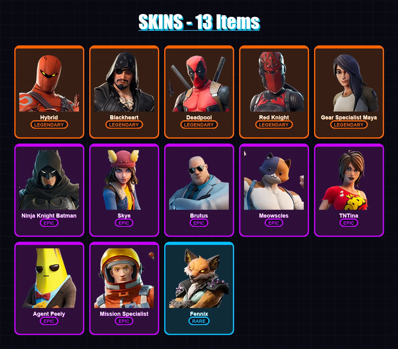 [PS4/PS5/XBOX/PC] | Hybrid | Blackheart | Deadpool | Red Knight | Gear Specialist Maya | 13 skin | 15 pickaxe | 18 emote | 17 glider | Lv202