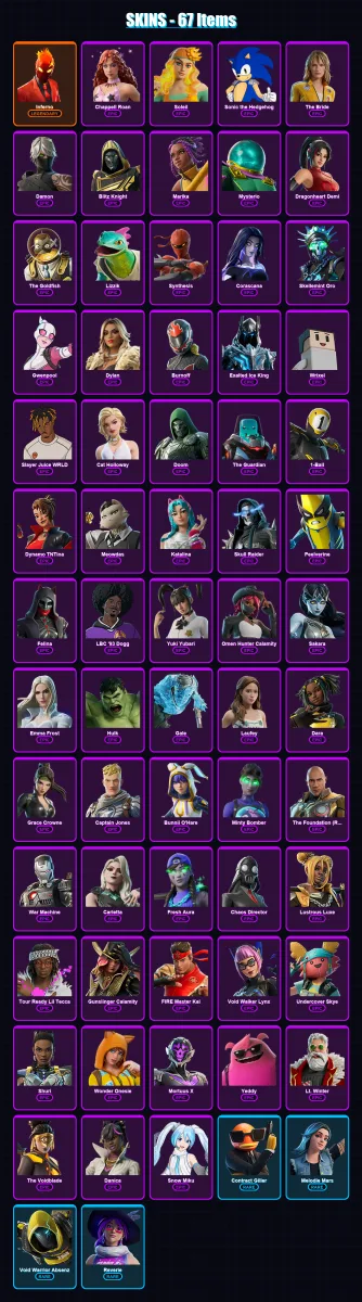 [PC/XBOX/PSN] | Inferno | Chappell Roan | Soleil | Sonic the Hedgehog | The Bride | 67 skin | 98 pickaxe | 45 emote | 48 glider | Lv507