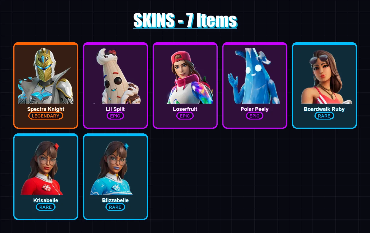 [PC/XBOX/PSN] | Spectra Knight | Lil Split | Loserfruit | Polar Peely | Boardwalk Ruby | 7 skin | 15 pickaxe | 17 emote | 19 glider | Lv277