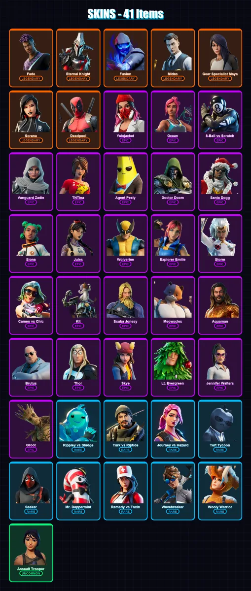 [PS4/PS5/XBOX/PC] | Fade | Eternal Knight | Fusion | Midas | Gear Specialist Maya | 41 skin | 75 pickaxe | 57 emote | 58 glider | Lv820