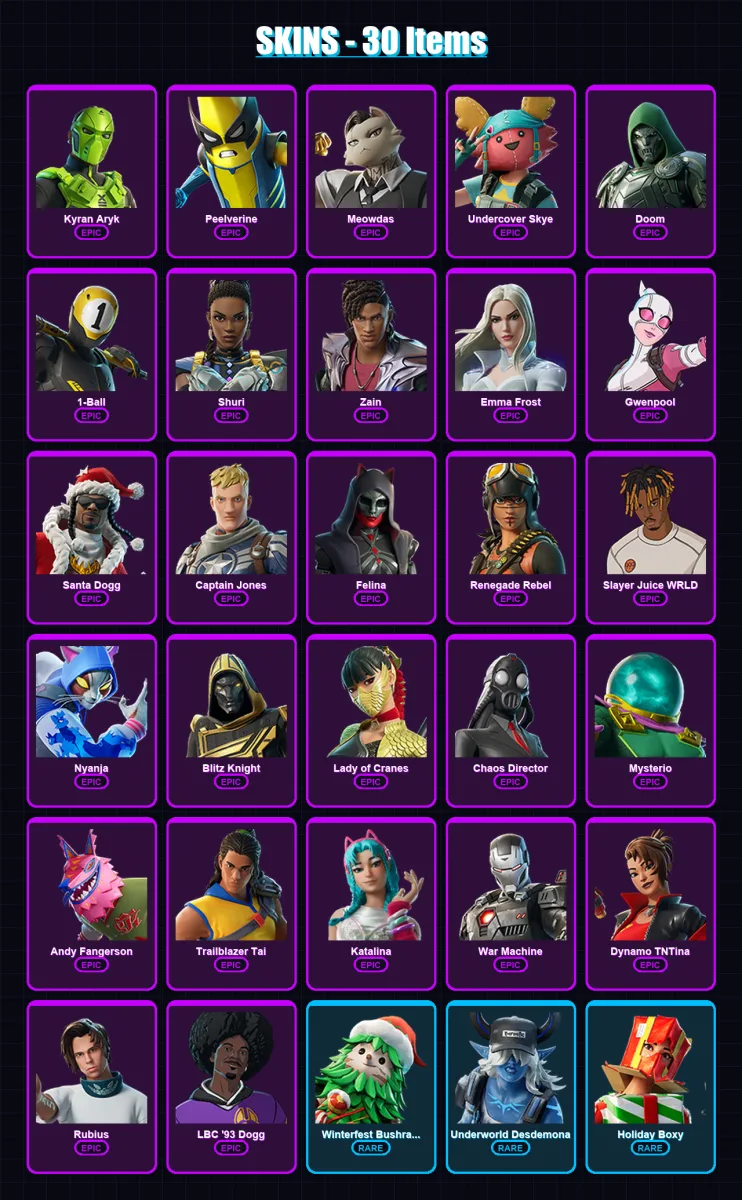 [PC/XBOX/PSN] | Kyran Aryk | Peelverine | Meowdas | Undercover Skye | Doom | 30 skin | 53 pickaxe | 27 emote | 32 glider | Lv616