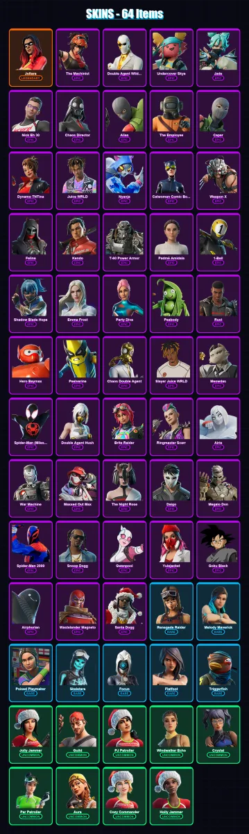 [PS4/PS5/XBOX/PC] | Joltara | The Machinist | Double Agent Wildcard | Undercover Skye | Jade | 64 skin | 59 pickaxe | 49 emote | 34 glider | Lv550