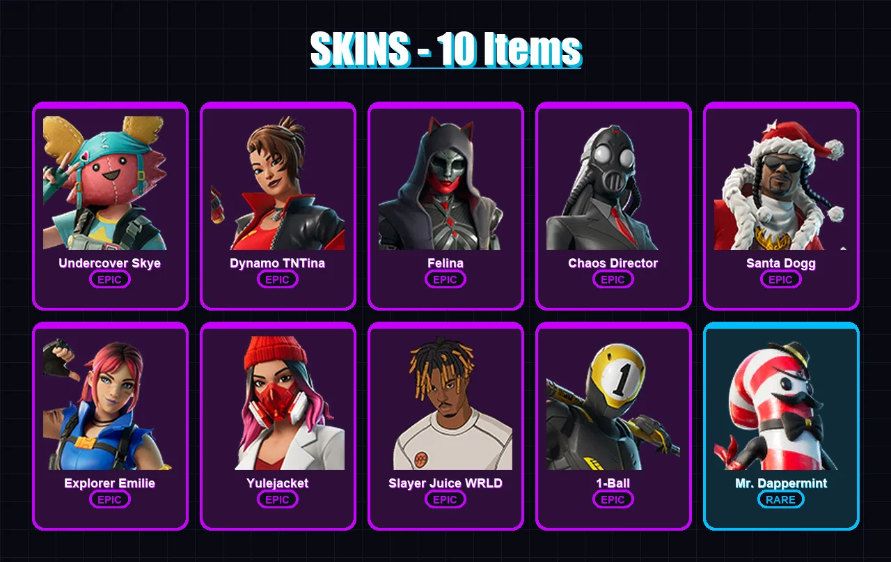[PC/XBOX/PSN] | Undercover Skye | Dynamo TNTina | Felina | Chaos Director | Santa Dogg | 10 skin | 33 pickaxe | 15 emote | 23 glider | Lv321