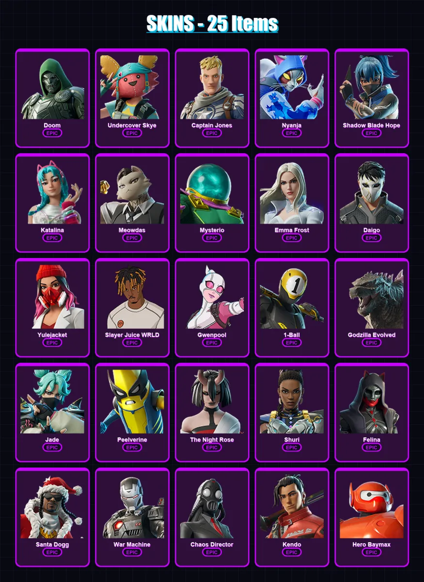 [PC/XBOX] | Doom | Undercover Skye | Captain Jones | Nyanja | Shadow Blade Hope | 25 skin | 55 pickaxe | 41 emote | 39 glider | Lv735