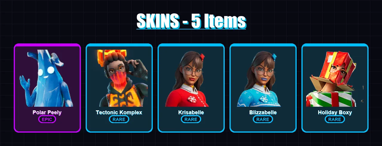 [PS4/PS5/PC] | Polar Peely | Tectonic Komplex | Krisabelle | Blizzabelle | Holiday Boxy | 5 skin | 14 pickaxe | 12 emote | 18 glider | Lv303