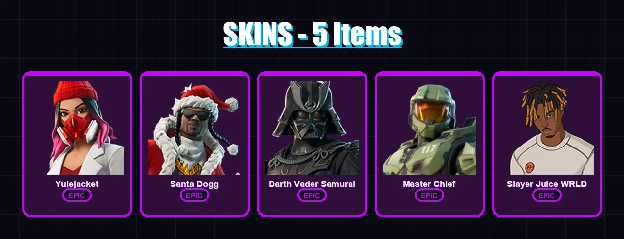 [PC/XBOX/PSN] | Yulejacket | Santa Dogg | Darth Vader Samurai | Master Chief | Slayer Juice WRLD | 5 skin | 13 pickaxe | 6 emote | 9 glider | Lv59