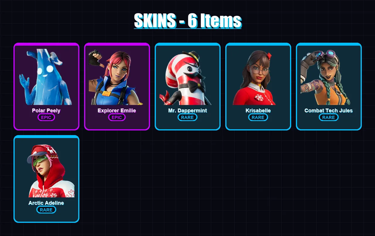 [SWITCH/PSN/PC] | Polar Peely | Explorer Emilie | Mr. Dappermint | Krisabelle | Combat Tech Jules | 6 skin | 12 pickaxe | 11 emote | 20 glider | Lv2