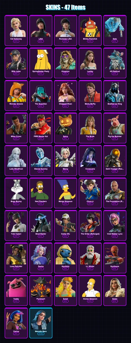 [PC/XBOX/PSN] | Cat Holloway | LISA | Rockstar LISA | Blinky Fishstick | Gale | 47 skin | 64 pickaxe | 36 emote | 40 glider | Lv407