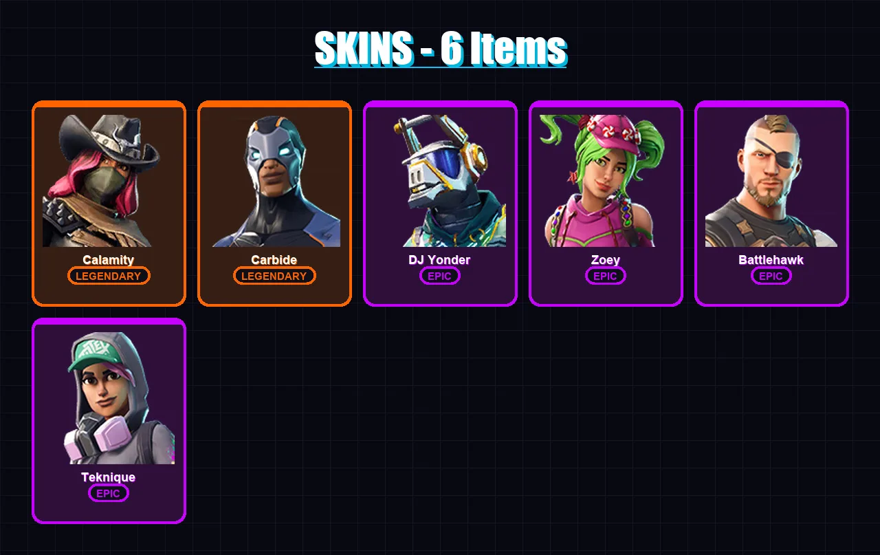 [PC/XBOX/PSN] | Calamity | Carbide | DJ Yonder | Zoey | Battlehawk | 6 skin | 9 pickaxe | 10 emote | 14 glider | Lv276