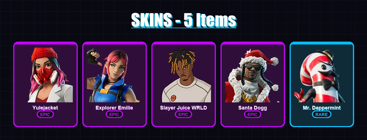 [PC/XBOX/PSN] | Yulejacket | Explorer Emilie | Slayer Juice WRLD | Santa Dogg | Mr. Dappermint | 5 skin | 7 pickaxe | 3 emote | 3 glider | Lv9