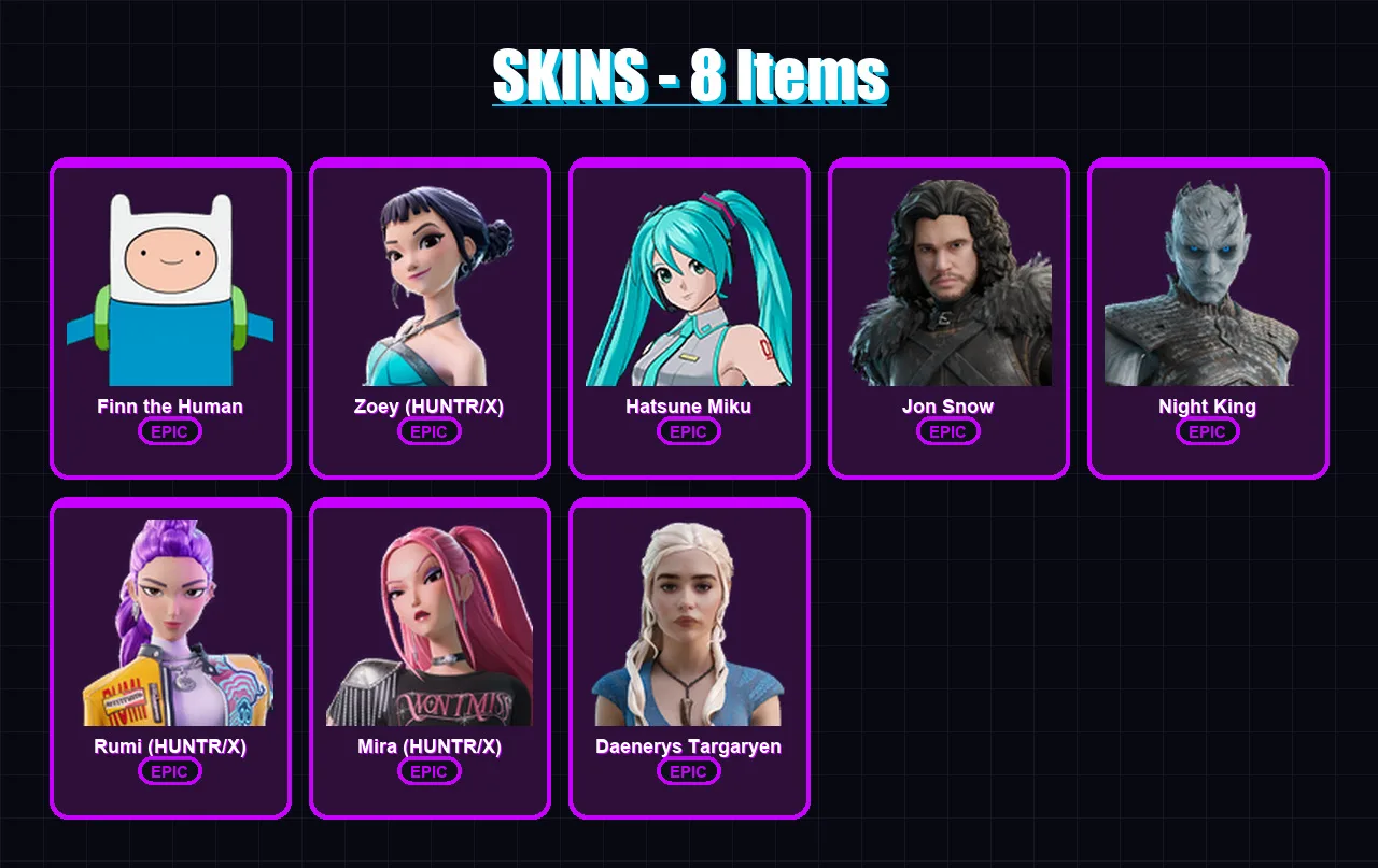 [PC/XBOX/PSN] | Finn the Human | Zoey (HUNTR/X) | Hatsune Miku | Jon Snow | Night King | 8 skin | 23 pickaxe | 13 emote | 11 glider | Lv89