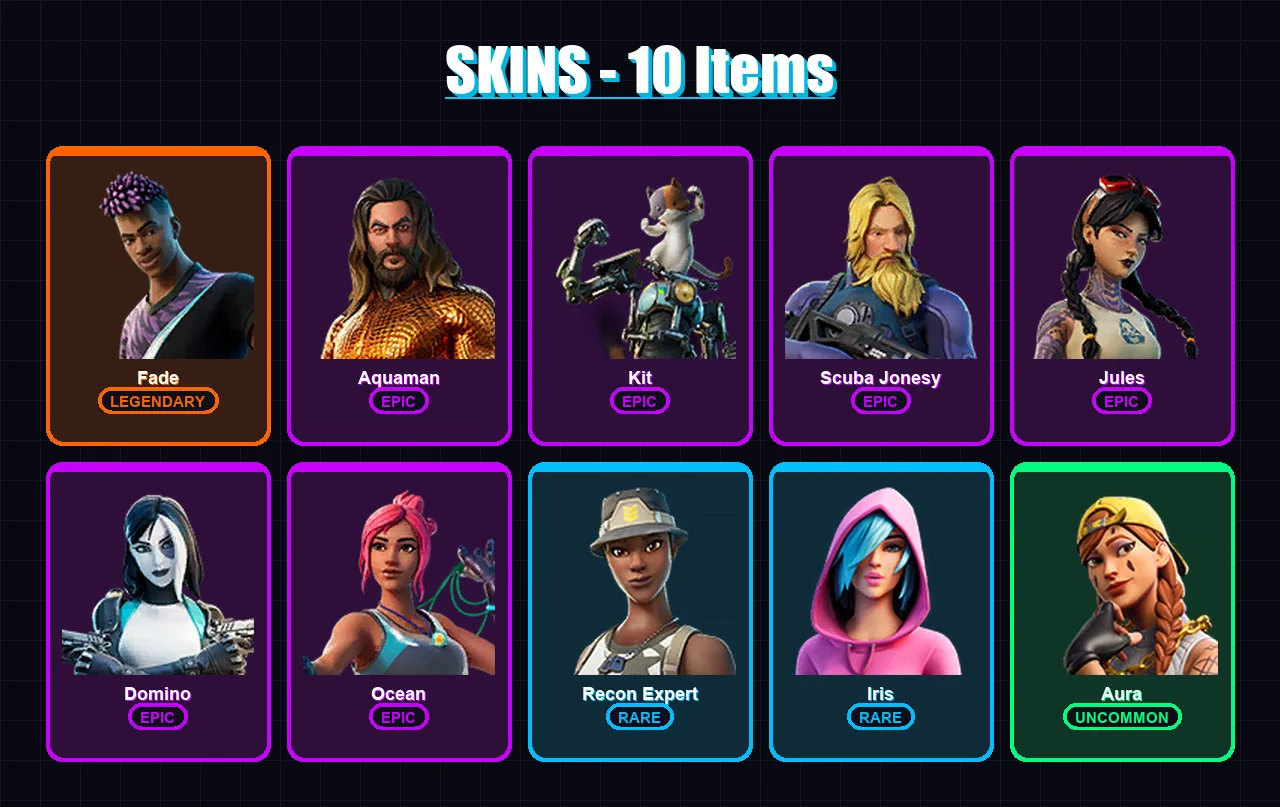 [PC/XBOX/PSN] | Fade | Aquaman | Kit | Scuba Jonesy | Jules | 10 skin | 27 pickaxe | 22 emote | 29 glider | Lv396