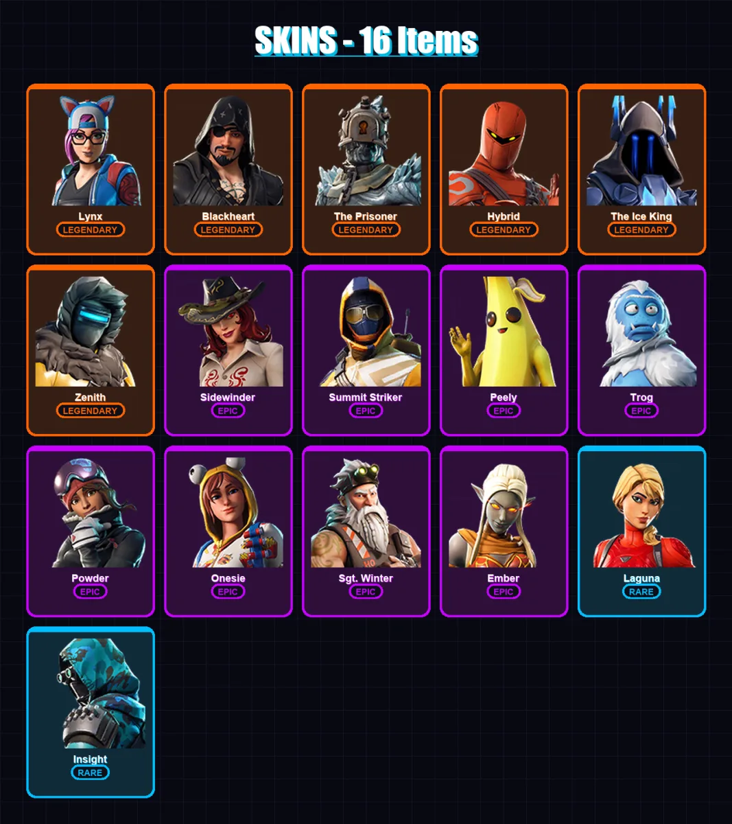 [PS4/PS5/XBOX/PC] | Lynx | Blackheart | The Prisoner | Hybrid | The Ice King | 16 skin | 10 pickaxe | 21 emote | 12 glider | Lv130