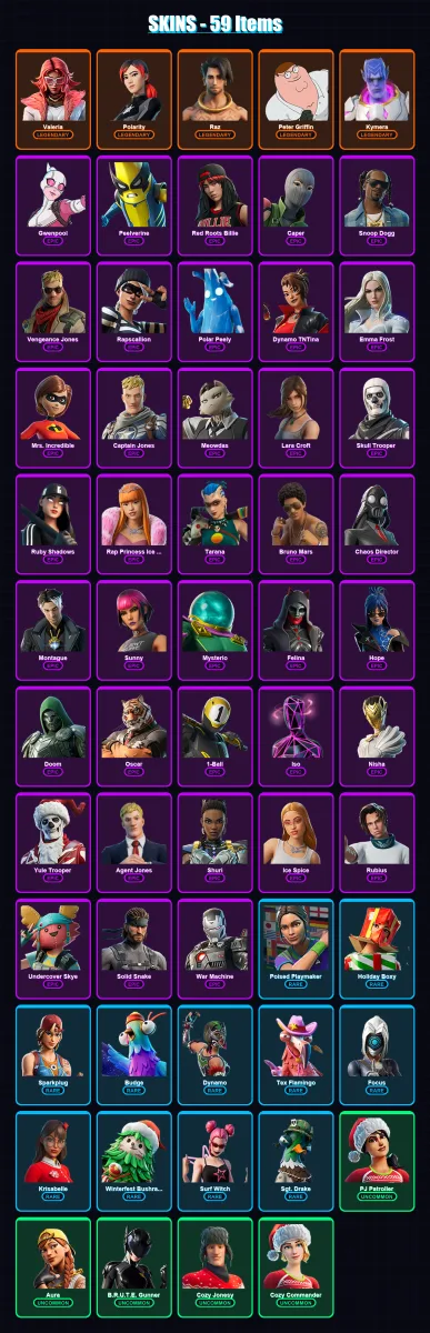 [PC/XBOX/PSN] | Valeria | Polarity | Raz | Peter Griffin | Kymera | 59 skin | 61 pickaxe | 69 emote | 47 glider | Lv879