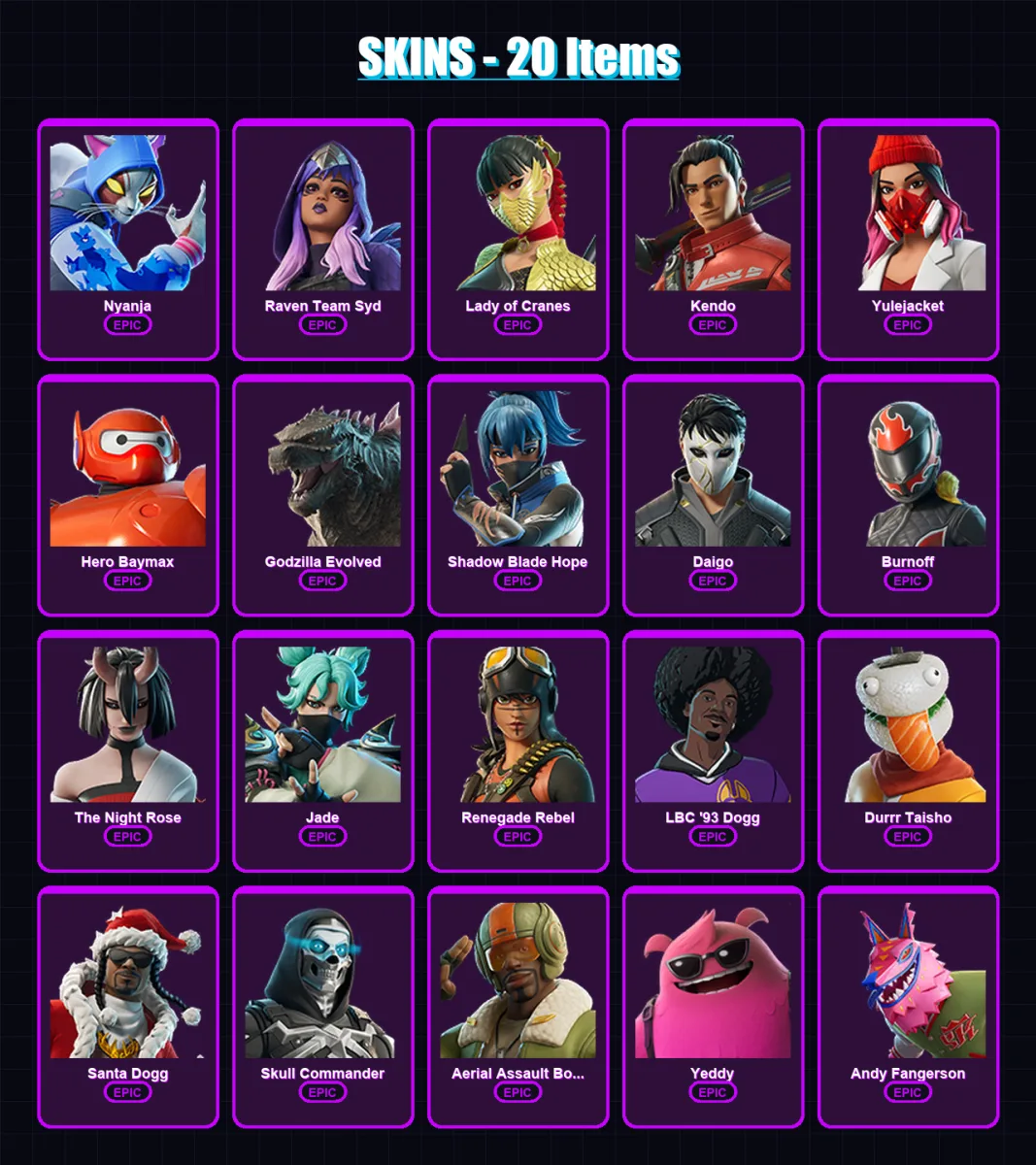 [PC] | Nyanja | Raven Team Syd | Lady of Cranes | Kendo | Yulejacket | 20 skin | 46 pickaxe | 23 emote | 28 glider | Lv279