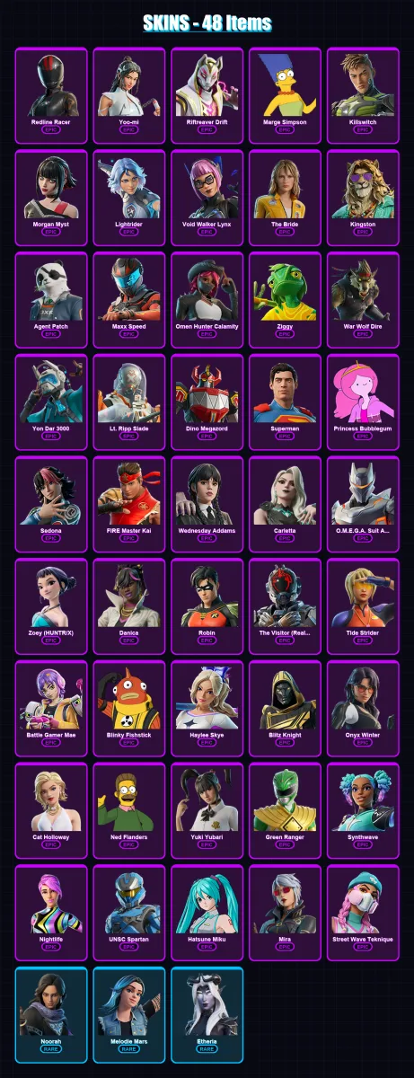 [PC/PSN] | Redline Racer | Yoo-mi | Riftreaver Drift | Marge Simpson | Killswitch | 48 skin | 76 pickaxe | 55 emote | 42 glider | Lv468