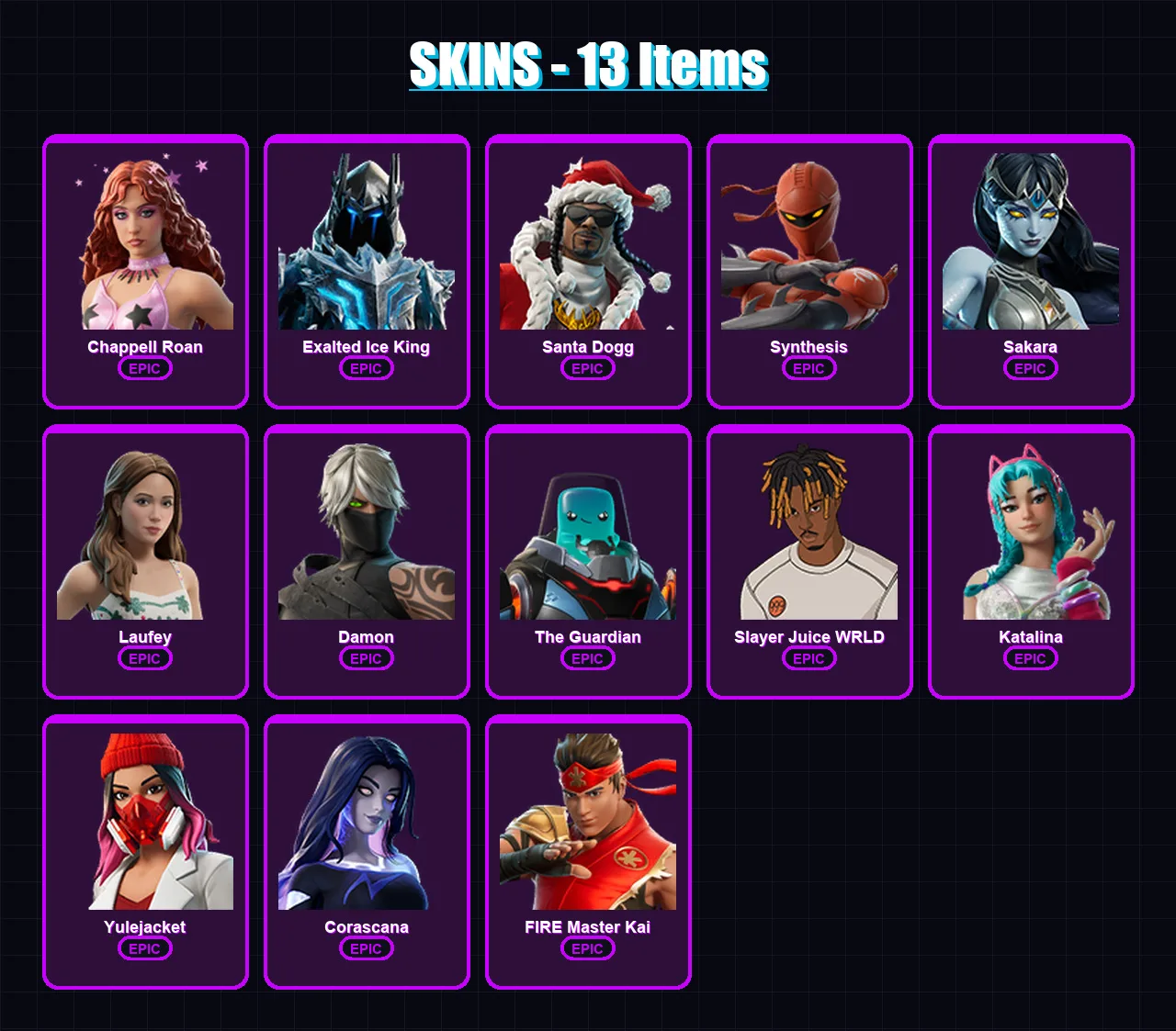 [PC/PSN] | Chappell Roan | Exalted Ice King | Santa Dogg | Synthesis | Sakara | 13 skin | 32 pickaxe | 11 emote | 19 glider | Lv151
