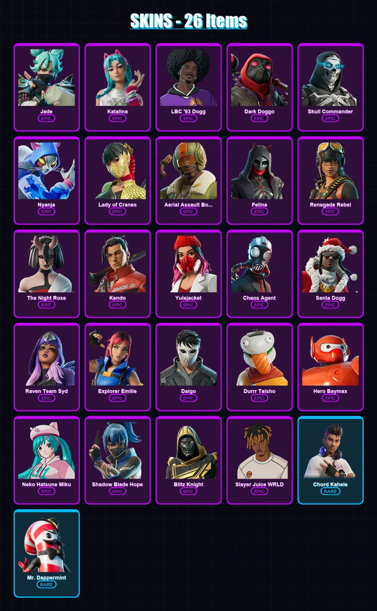 [PC/XBOX/PSN] | Jade | Katalina | LBC '93 Dogg | Dark Doggo | Skull Commander | 26 skin | 44 pickaxe | 22 emote | 25 glider | Lv330